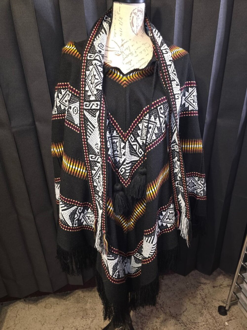 Native Artisan Wool Poncho With Fringe Trim Black & Multicolor Geometric Design